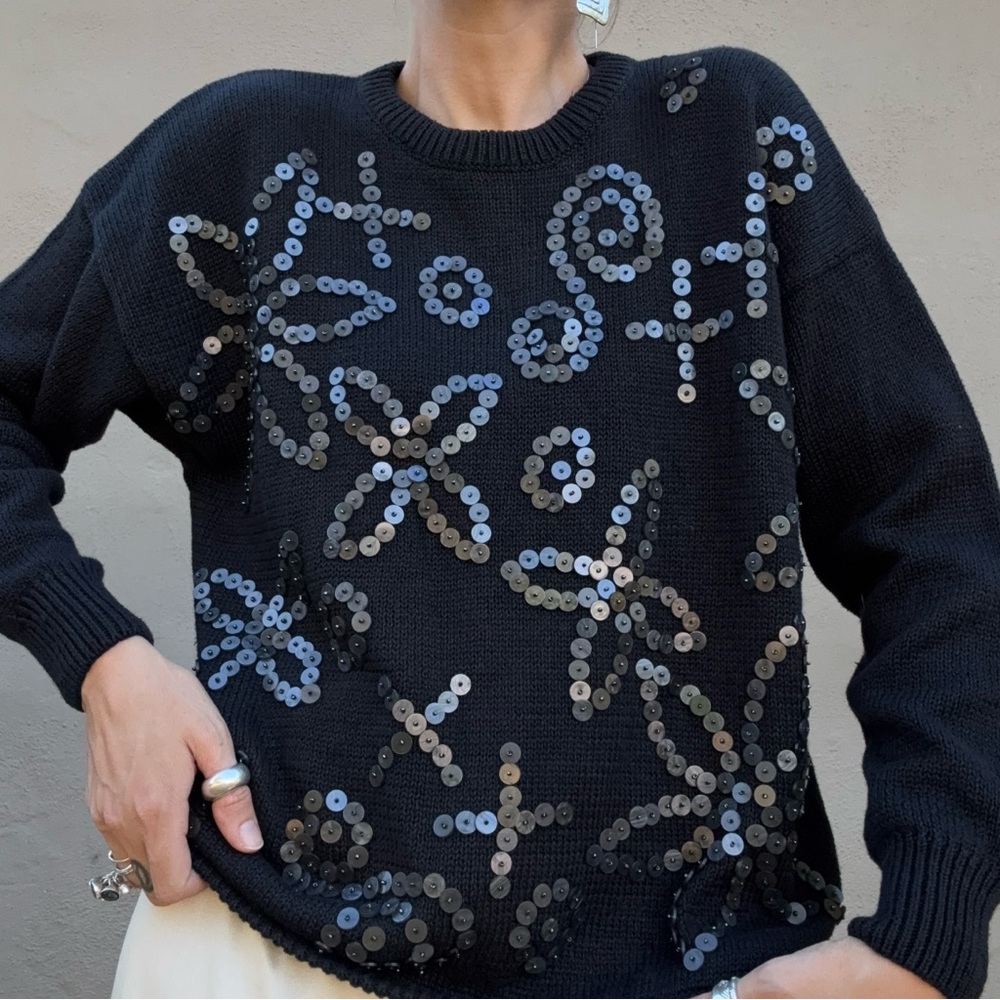 Vintage Black Floral Sequin Button Sweater